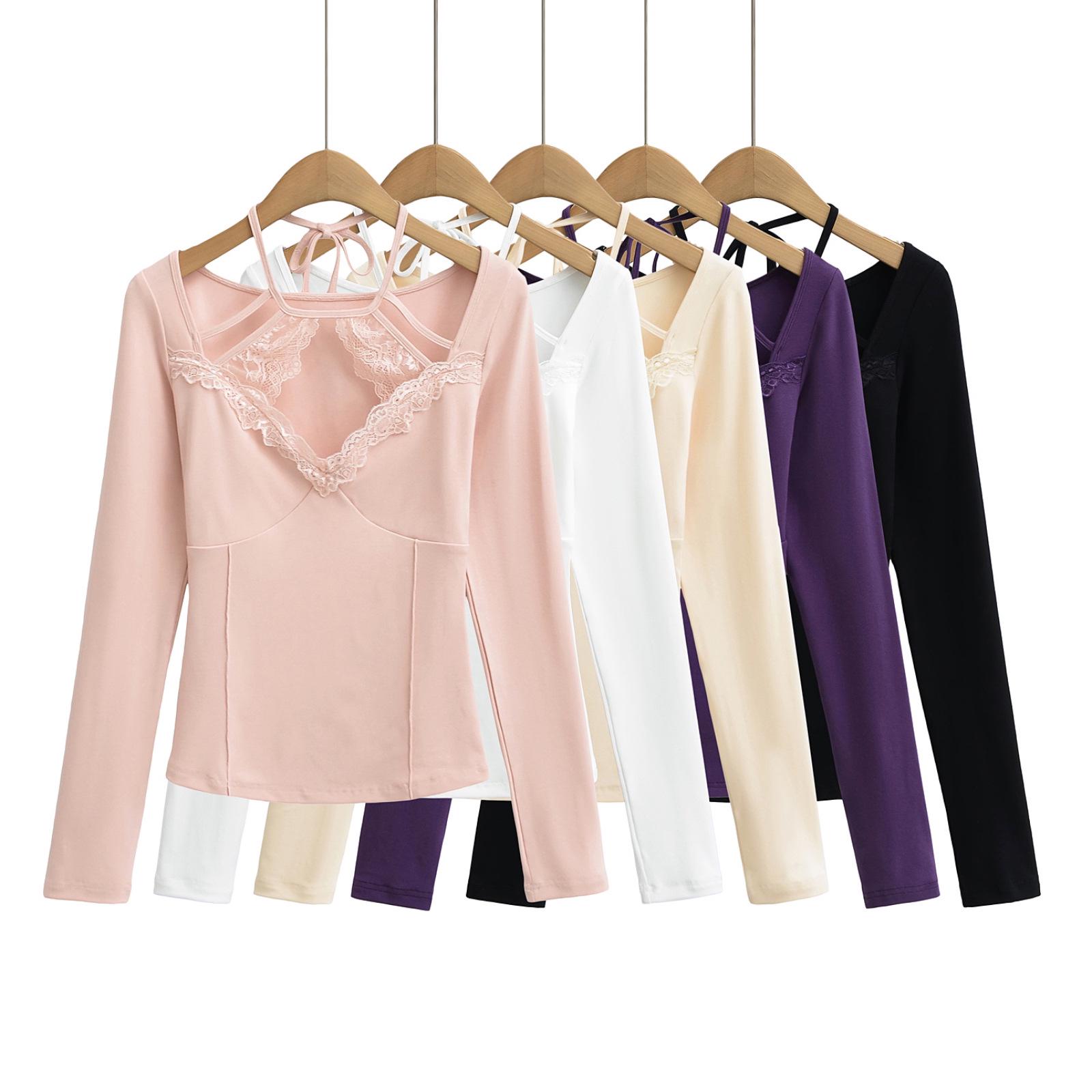 

Elegant Lace Halterneck Waist-Slimming Long-Sleeve Top for Spring/Summer 2025 Medium