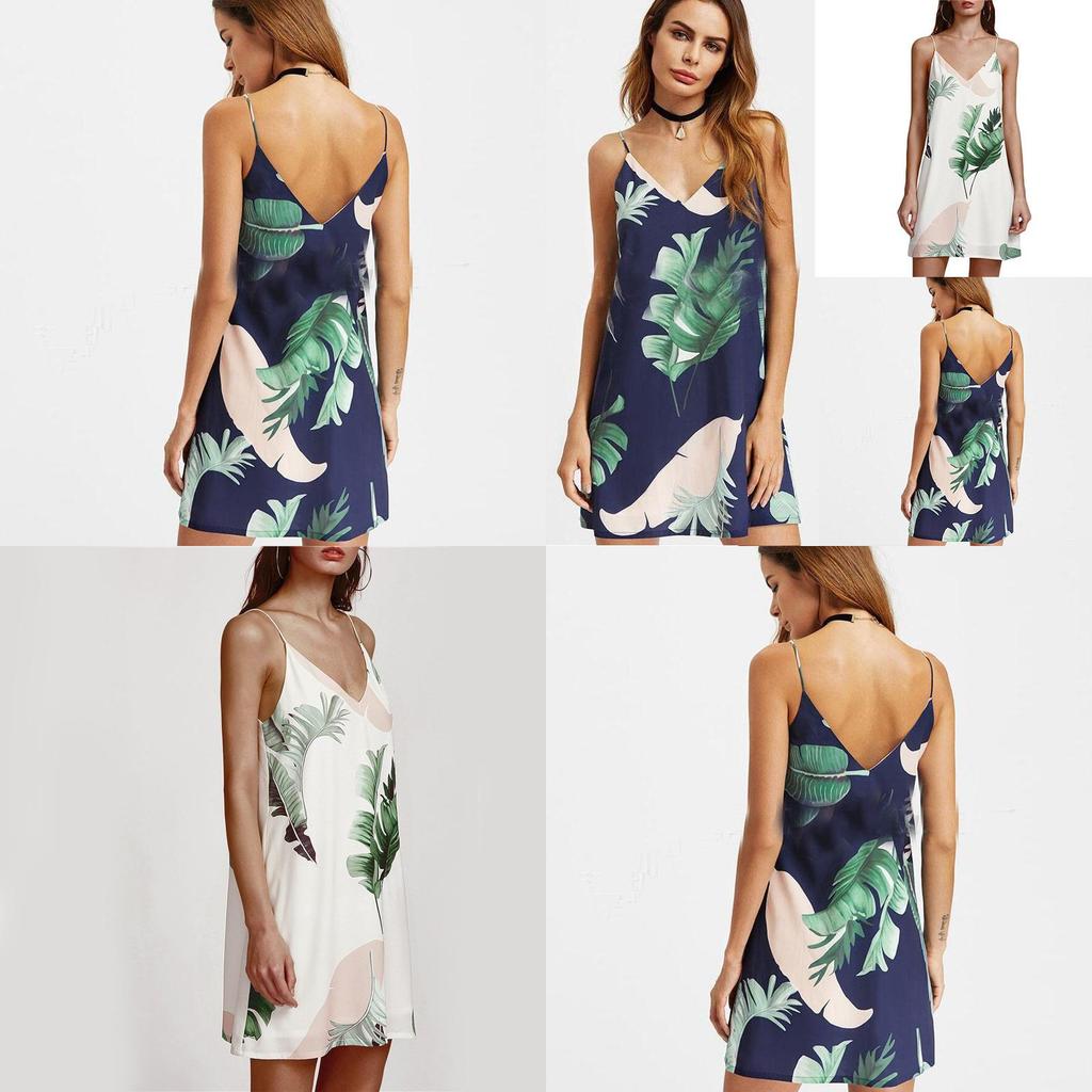 Sidefeel Women V Neck Halter Tropical Plants Printed Casual Dress For Elegant Summer Occasions
