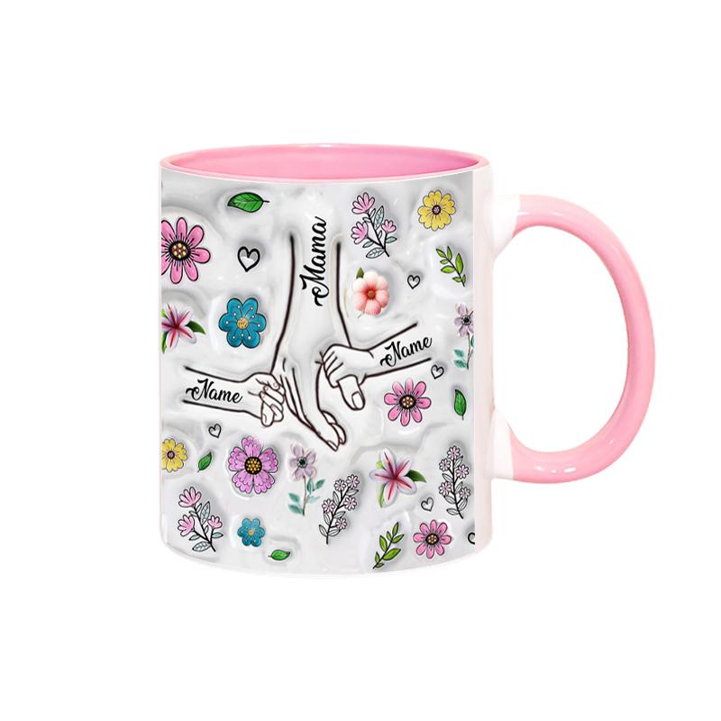 Personalize Name Mug Customize 3D Effect Printing WITH Flowers Cup Holding Hands Coffee Mugs For Children and Mother's Day Gifts