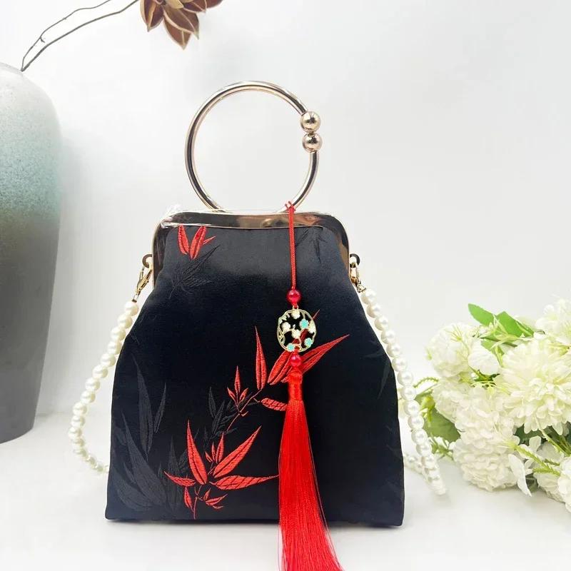 Chinese Style Embroidered Handbag Retro Pearl Crossbody Bag Hanfu Qipao National Shoulder Purse for Women Wedding Evening