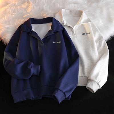 Women Autumn Spring Sweatshirt Turn-down Collar Loose Long Sleeves Pure Color Thin Elastic Cuffs And Hem Sport Style School Casual Top