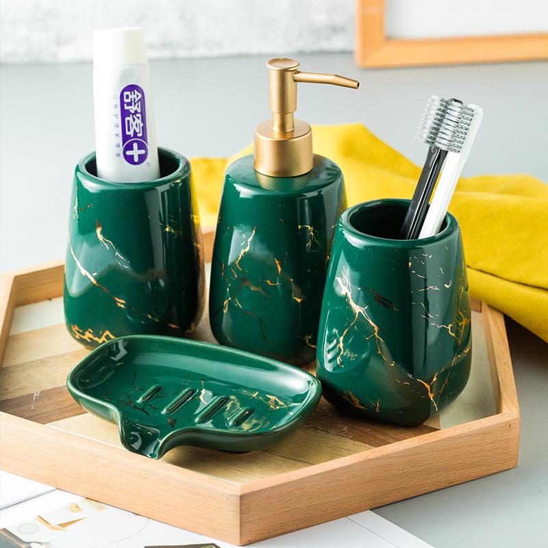 Luxury Dark Green Ceramic Bathroom Four-piece Set Soap Dish Gargle Cup Lotion Bottle Bathroom Accessories Porcelain Holder Decor