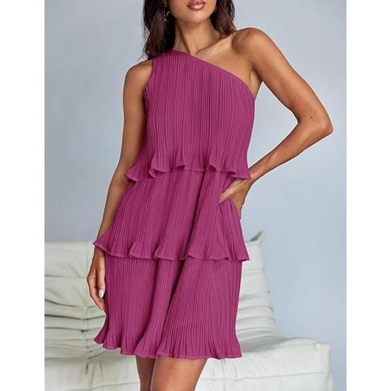 Women's Sleeveless Dress with Slant Shoulder Layered Stitching Hem