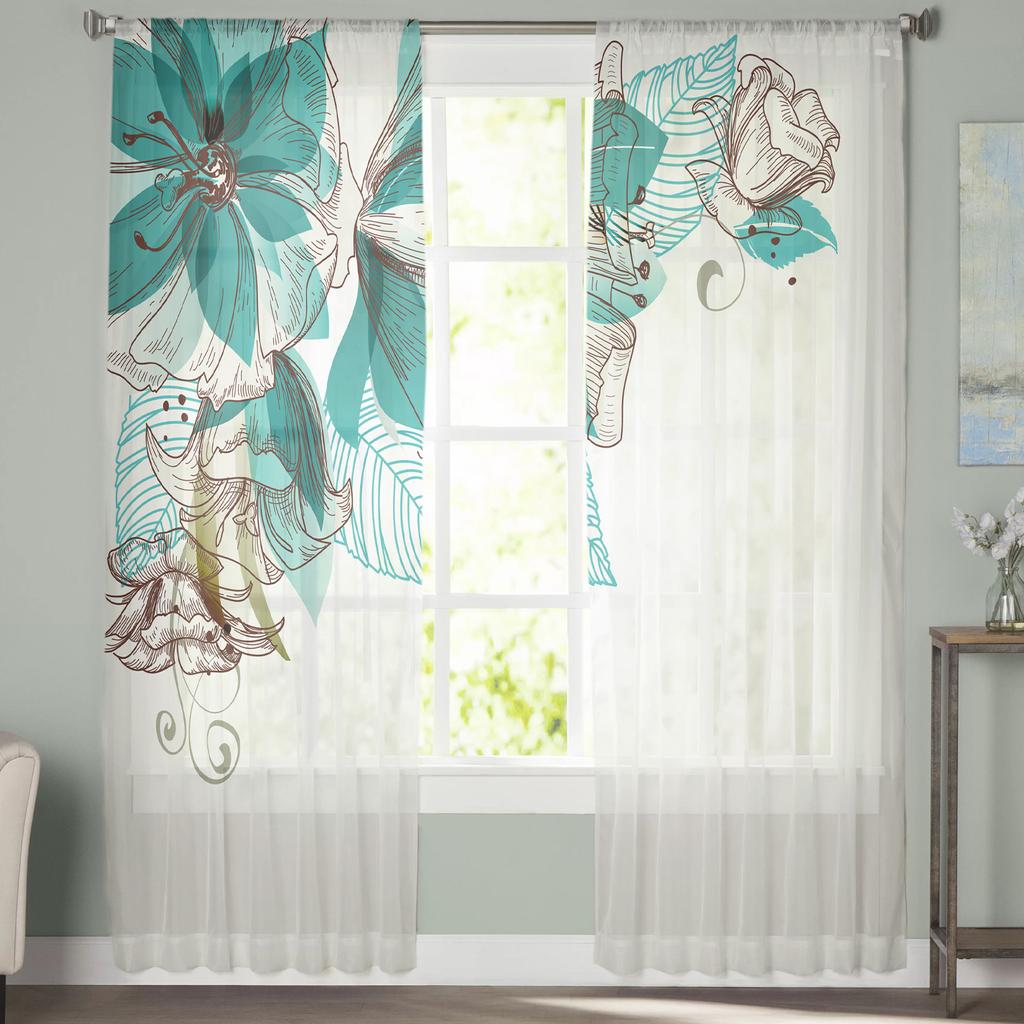 Flowers Bloom Turquoise Plants Roses Tulle Sheer Window Curtains for Living Room Kitchen Children Bedroom Voile Hanging Curtain