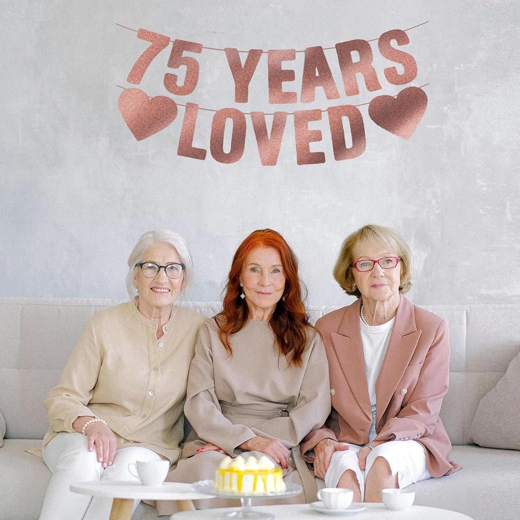 Pre-Strung 75th Birthday Banner - Rose Gold Glitter, Happy 75th Birthday Party Decorations for Women, Cute 75 Year Old Anniversary Decor Bday Sign