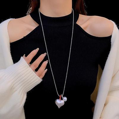 European American Silver Heart Cotton Pearl Pendant Necklace, Korean Fashion Versatile Sweater Necklace