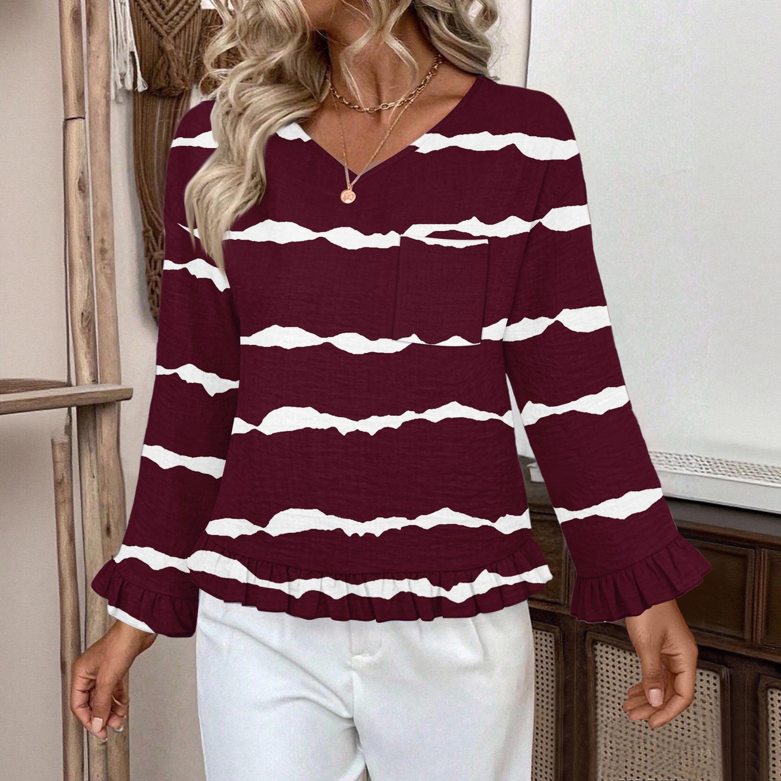 

Женский повседневный модный топ с оборками, V-образным вырезом, принтом и длинными рукавами M винный