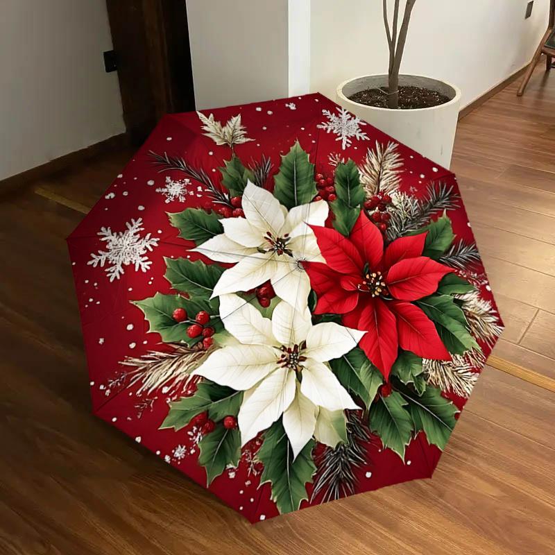 

Christmas Poinsettia Snowflake Automatic Folding Umbrella - Portable 3-Fold Design with 8-Bone Iron Frame, Perfect Holiday Gift for Fans, Tr