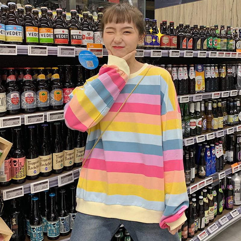 Damen Rundhals Langarmshirt Mode Regenbogenstreifen Lockeres T-Shirt Weibliche Freizeit-Tops