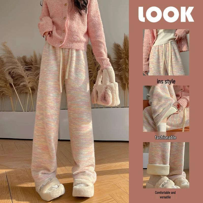Japanese Fleece-Lined Rainbow Sticky Rice Pants: Petite Autumn/Winter Casual Knit Wide-Leg 145-150
