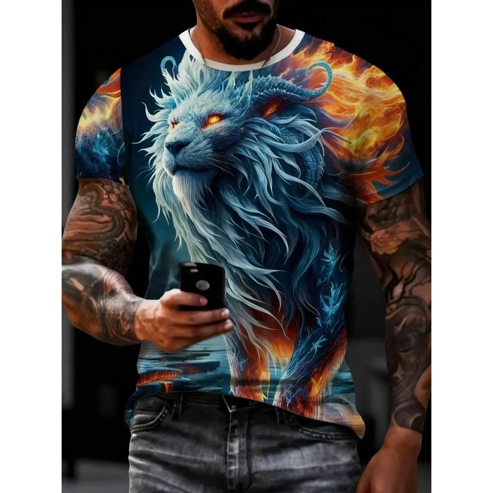 Men's Animal Domineering Lion Print Short Sleeved T-shirt Large Loose Casual Fashionable Comfortable Soft Breathable T-shirt