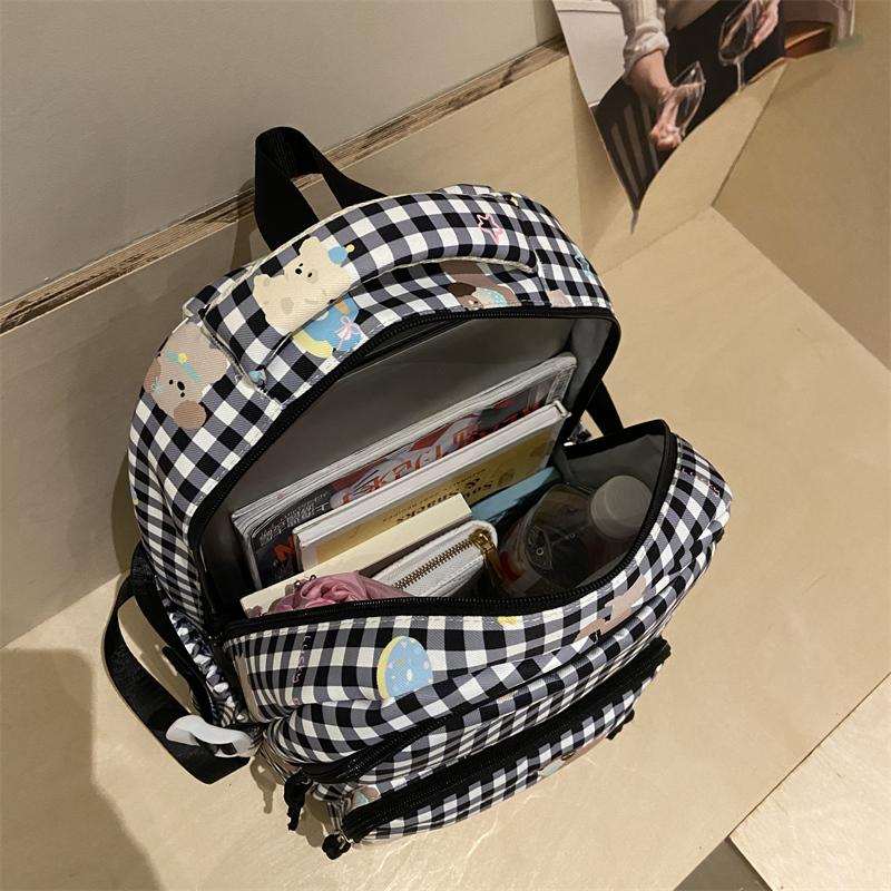 Cartoon Cat Pattern Women's Backpack Plaid Schoolbag