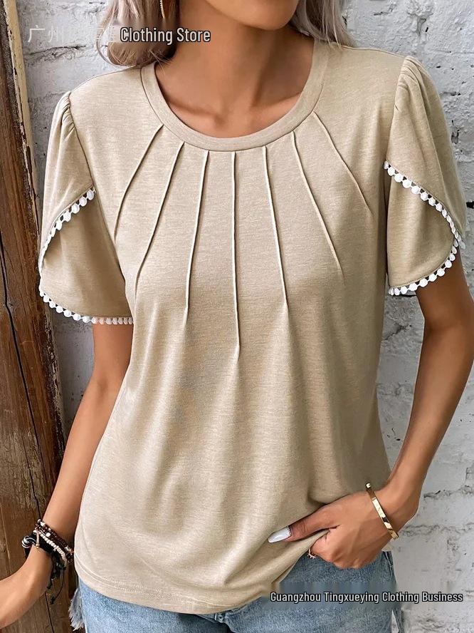2026 Women's Summer Solid Color Pleated T-Shirt with Lace Short Sleeves