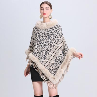 Women's Cape Faux Fur Shawl Wrap Poncho with Faux Fur Trim Female Winter Knitted Leopard-print Sleeveless Cardigan Cloak Coat With Tassels for Party