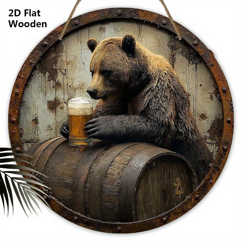 Wooden Sign with Bear & Beer Barrel Pattern - Unique Wall Pediments - Ideal for Front Door, Yard, Wall Decor