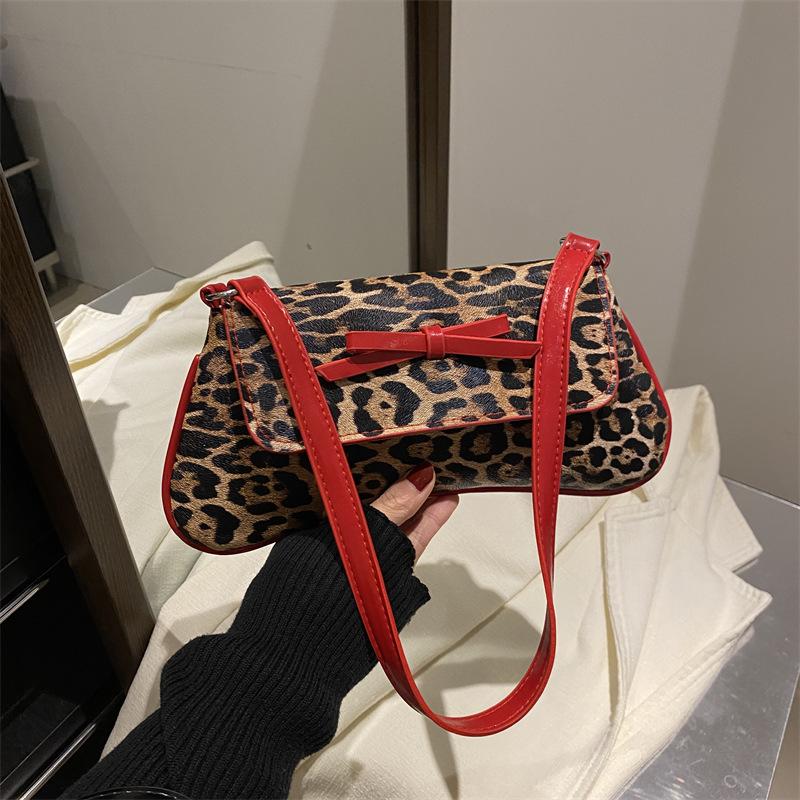 Large Capacity Solid Color Bow Casual Foreign Style New Personalized Retro Fashion Leopard Print Commuter Shoulder Messenger Women's Bag