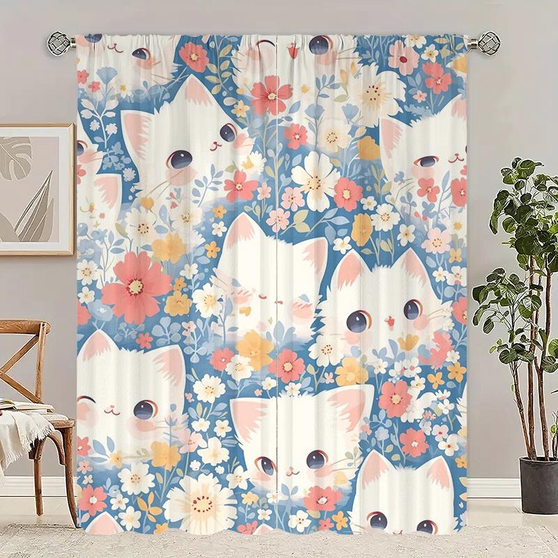 Cartoon Cat -2pcs- Printed Curtain,100% Polyester Material, Suitable for Home Decoration