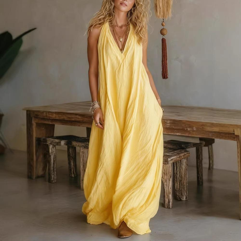 Women's V Neck Sleeveless Maxi Dress Loose Fit Relax Waist Casual Solid Color Sundress