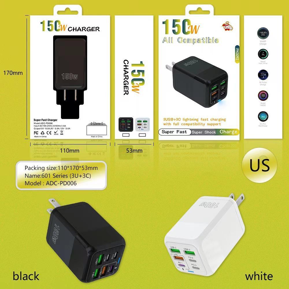 150W 6-in-1 Multi-port Fast Charger: 3 USB + 3 PD Ports, 5V 3.1A