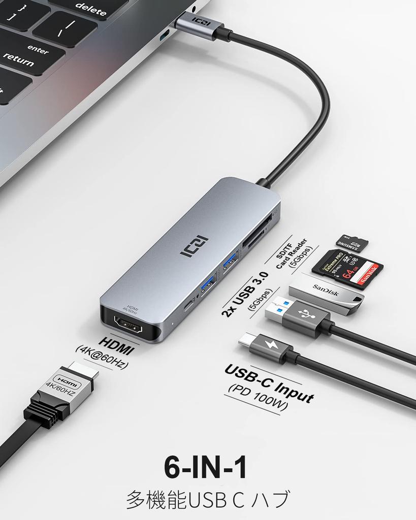 ICZI USB C 100W PD 5Gbps Micro SD SD Card 5Gbps USB x HDMI Compatible with MacBook MacBook iPad Surface and More Hub, 4K@60Hz, 6-in-1 Type-C Adapter,