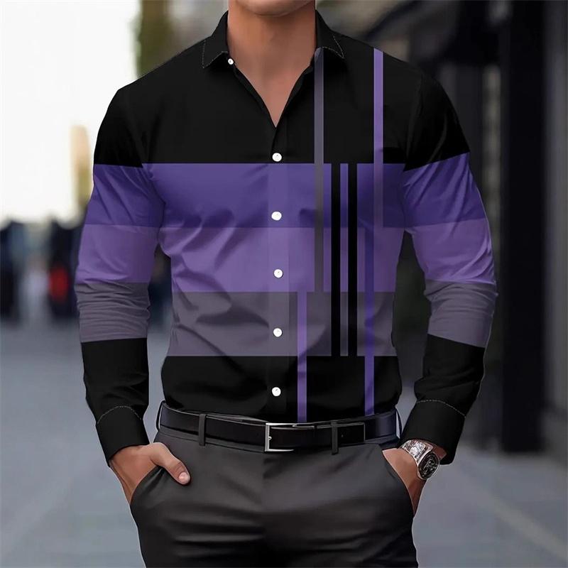 Men's Color-blocked Striped Patchwork Long-sleeved Shirt, Unique Geometric Pattern Slim Fit Shirt, Stylish Men's Top, S-6XL.