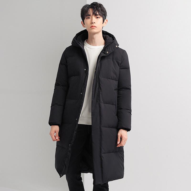 Men's Long Winter Down Jacket - Thick, Warm, Loose Fit, Solid Color, Mid-Length, Over-the-Knee.