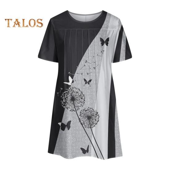 Women's Casual T-Shirt Dress Summer Short Sleeve A-Line Swing Dress Floral Print Crew Neck Pleated Midi Dress with Pocket