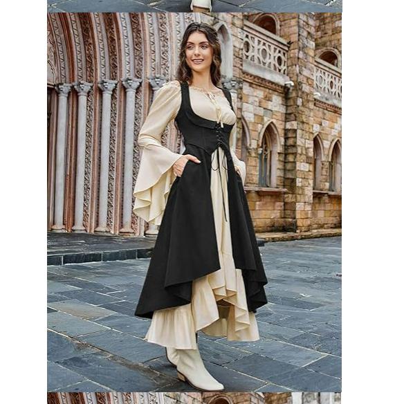 

Женский костюм эпохи Возрождения, Под грудью, Пиратский, Крестьянский, Платье с высоким и низким подолом и ртом XXL чёрный