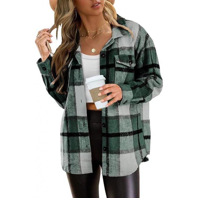 Women's Black White Brown Checkered Long Sleeve Button Down Shirt