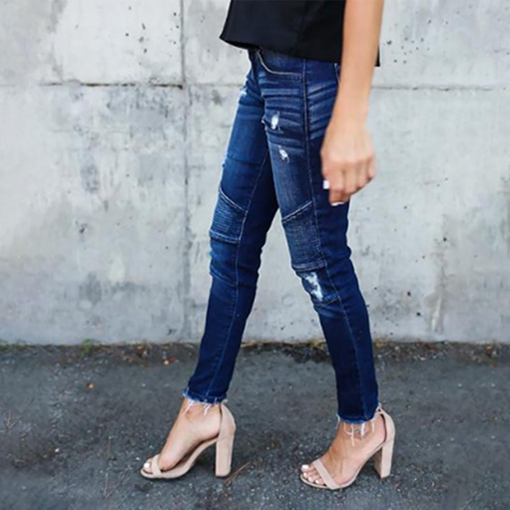 Women's Slim Fit Fringed Pleated Ripped Tight-fitting Stretch Leggings Jeans