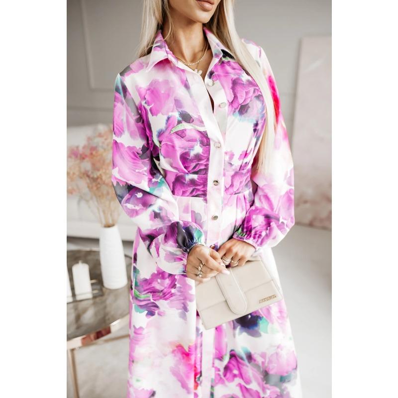 Elegant Women's Long Sleeve Floral Print Shirt Collar Midi Dress, Autumn Party Loose Belted Dress Casual Fashion with Lantern Sleeve Button Clothing