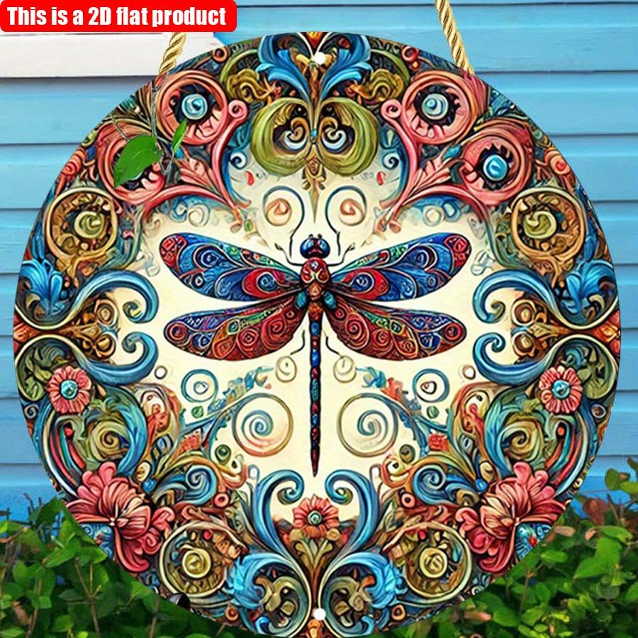 2D flat 20*20cm1pc Vibrant bright-coloured Dragonflies&Heart shape Flowers patterns Round Signage, Colorful Wall Art Decor for Bar Cafe Club Yard Home