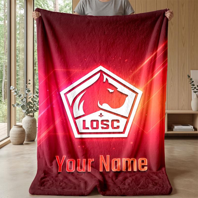 LOSC Lille Custom Name Text Flannel Blanket Soccer Logo Personalized Fleece Throw Blanket Special Gift For Sofa Bedroom Home