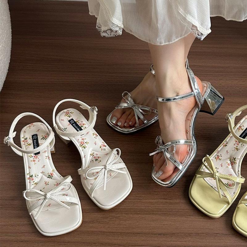 High heel thick heel sandals women's summer 2025 new square head open toe word with bow Internet celebrity popular shoes