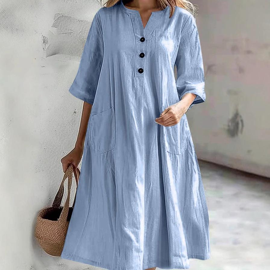 V Neck 3/4 Sleeve Linen Cotton Midi Dress 3 Front Buttons Loose A Line Dress With Dual Side Pockets Breathable Casual Spring Oversized Flowy Sundress