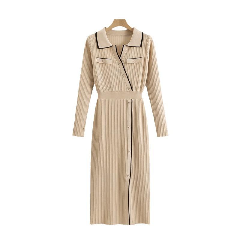 Svetrové šaty s dlouhým rukávem pro ženy Jarní Výstřih do V Žebrované Ležérní Formální Koktejlové Bodycon Maxi šaty Dámské Knoflíkové Slim Fit Elegantní Pletené šaty