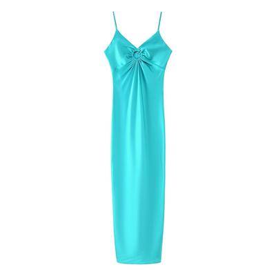 Damen Schickes und Elegantes Einfarbiges Satin Ärmelloses Aushöhlungs-V-Ausschnitt Kleid Sommer Damen Sexy Slim Rückenfreies Trägerkleid