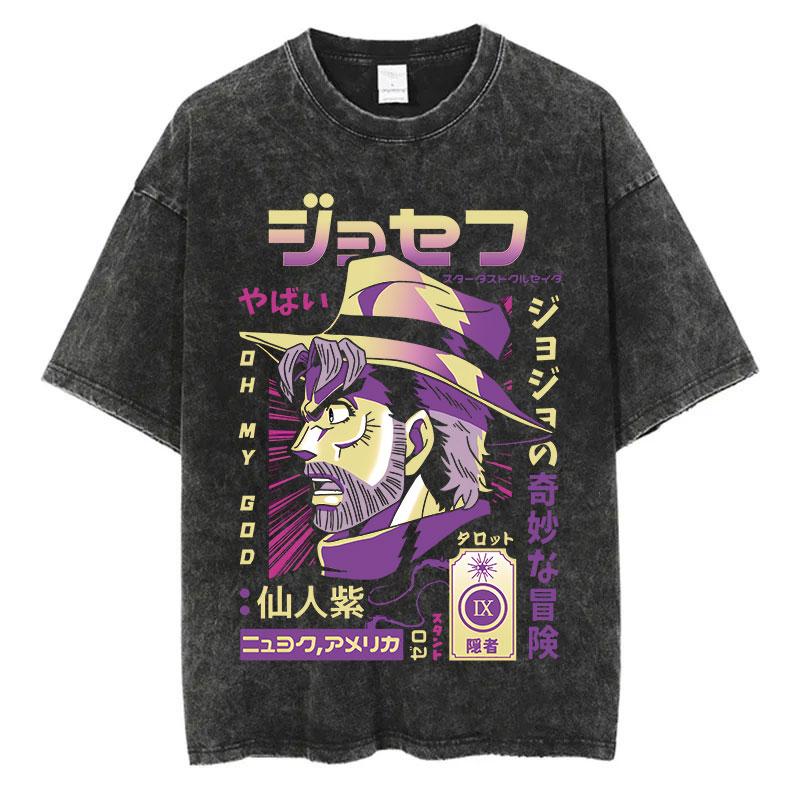 Vintage Washed TShirt Men Summer Hip Hop Streetwear T-shirt JoJo Bizarre Adventure Anime Print Cotton Casual Short Sleeve T-shirt Daily Wear Cool Top