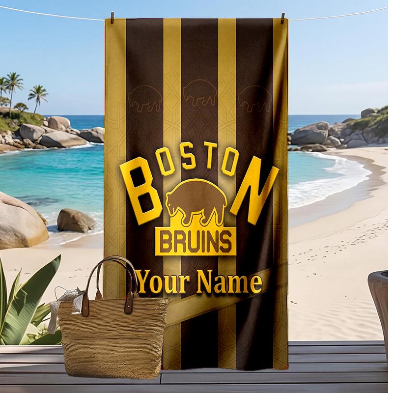 Asciugamano da Spiaggia Personalizzato Boston Bruins, Stampa il Tuo Nome Testo Asciugamano Leggero Assorbente per Nuoto Viaggio