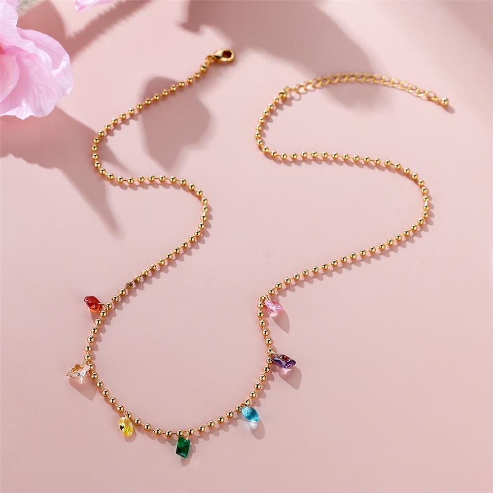 Female Crystal Rainbow Zircon Stone Pendant Necklace Vintage Yellow Gold Color Wedding Jewelry For Women