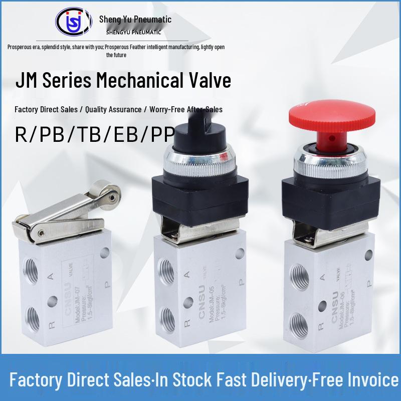 Sheng Yu JM-322PB Pneumatic Valve: 2-Position, 3-Way Button Type with JM Roller, Aluminum Alloy Construction.