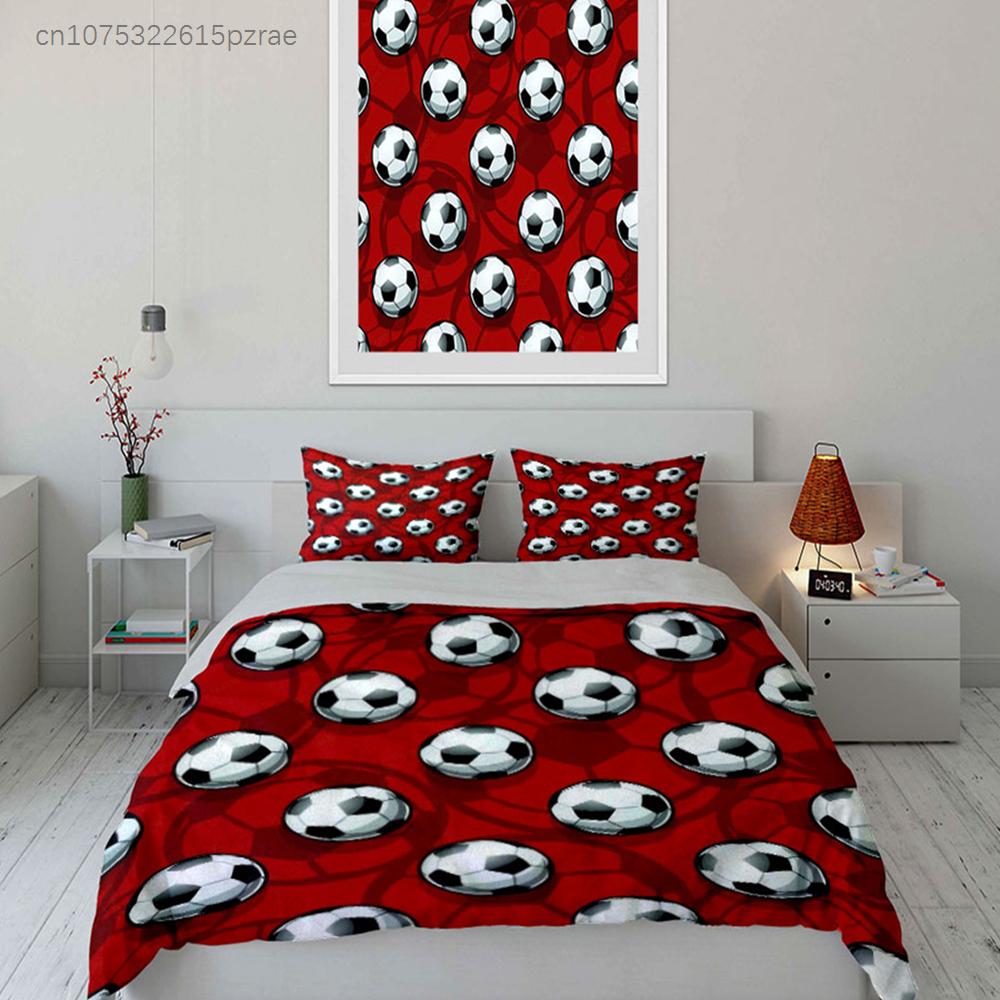 Red Background Soccer Ball Pattern 3PCS Bedding Set Soft Microfiber Bed Sheet Pillowcase Set For Kids Football Fans Room Decor