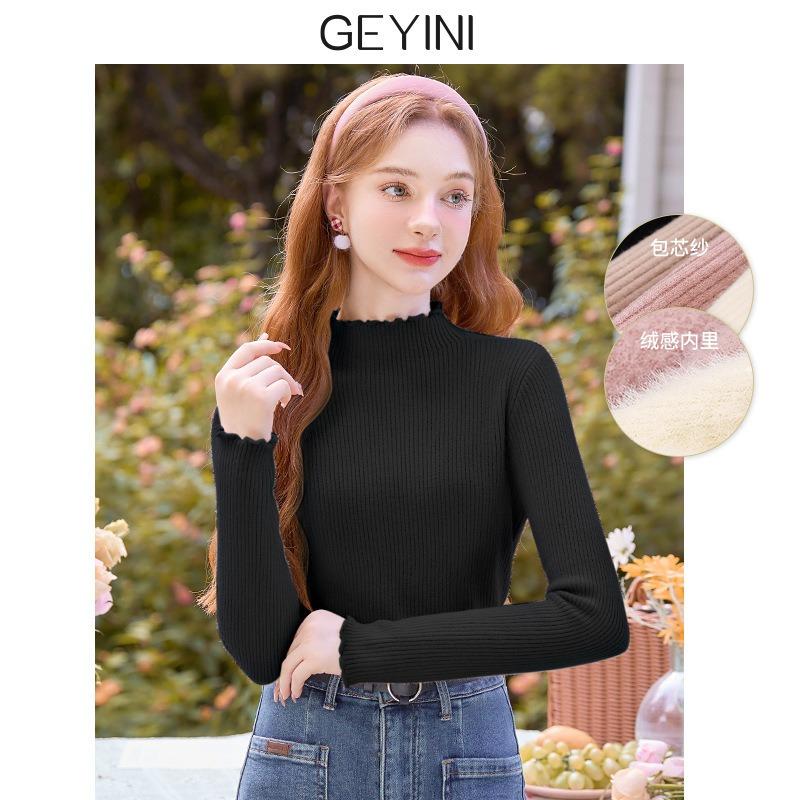 Semi-turtleneck White Thickened Fleece Knitted Bottoming Shirt Women's New Autumn and Winter Small Sweater Top