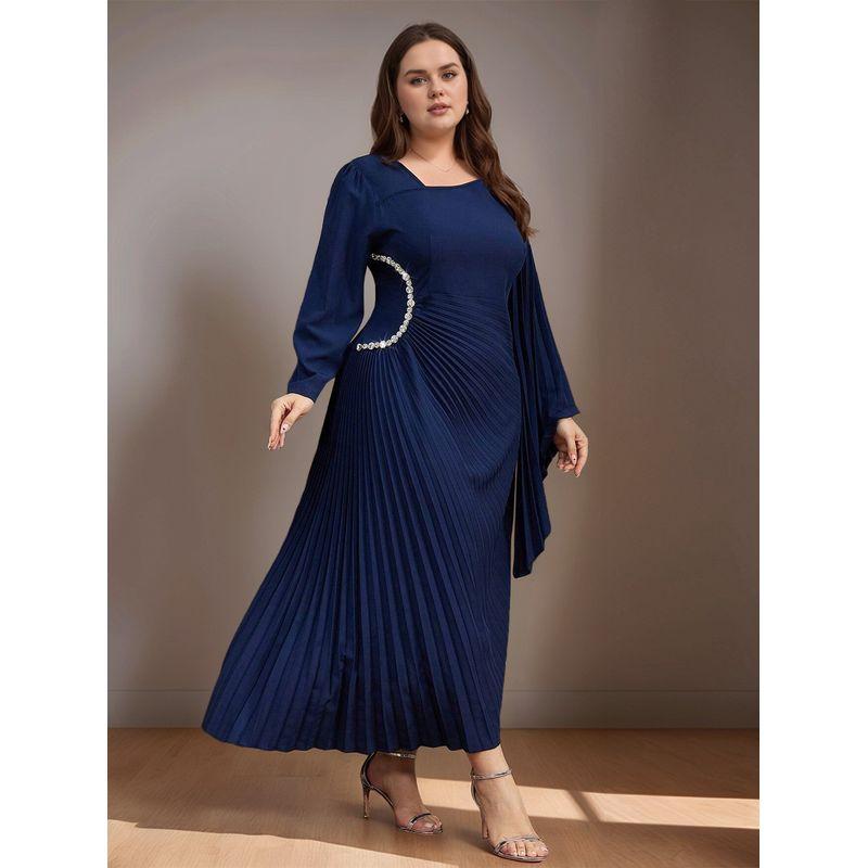 

Magic Queen Middle East Plus Size Women Dress Fashion Diamond Asymmetric Pleated Bell Sleeve Dress Dress Dark blue 3XL