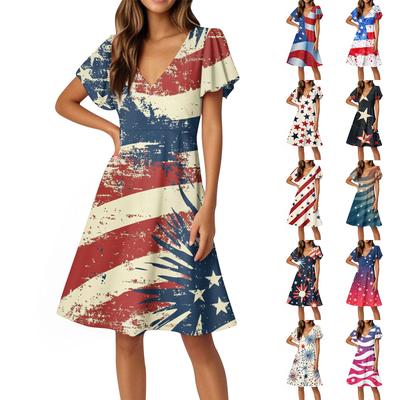 Independence Day Dresses Flared Sleeve Short Sleeve Casual V-Neck Dresses