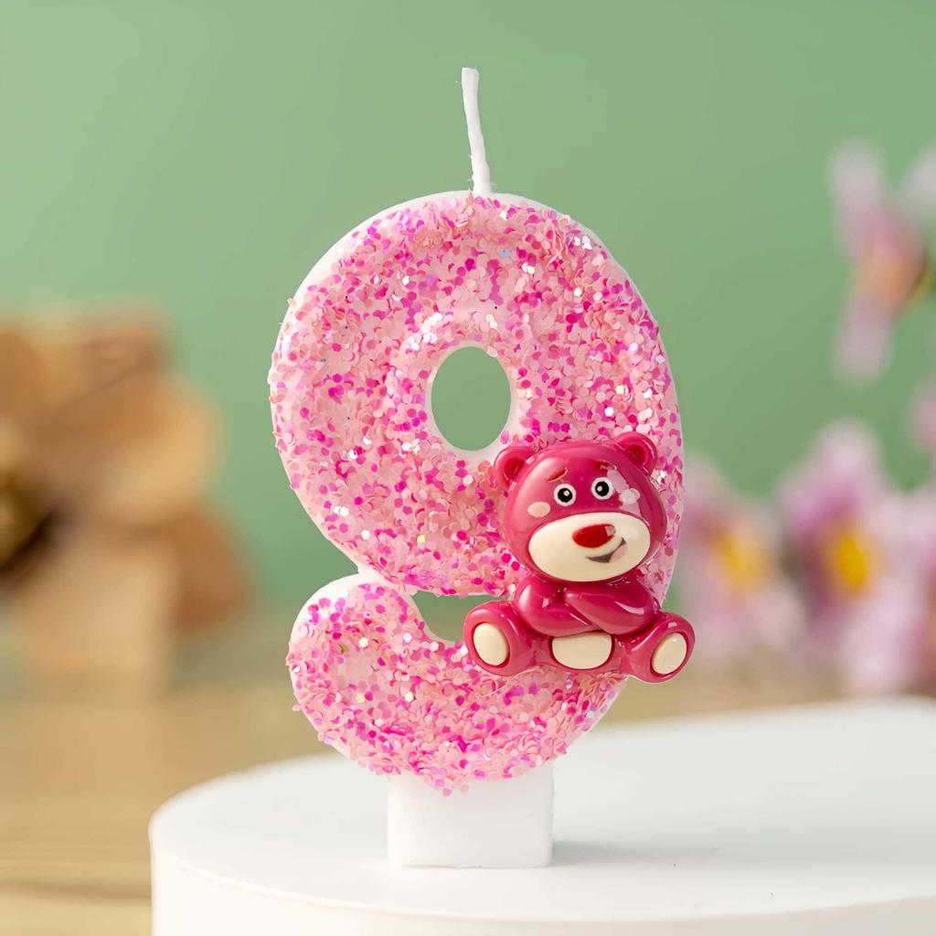 Cartoon Pink Bear Birthday Number Candles Cake Decoration