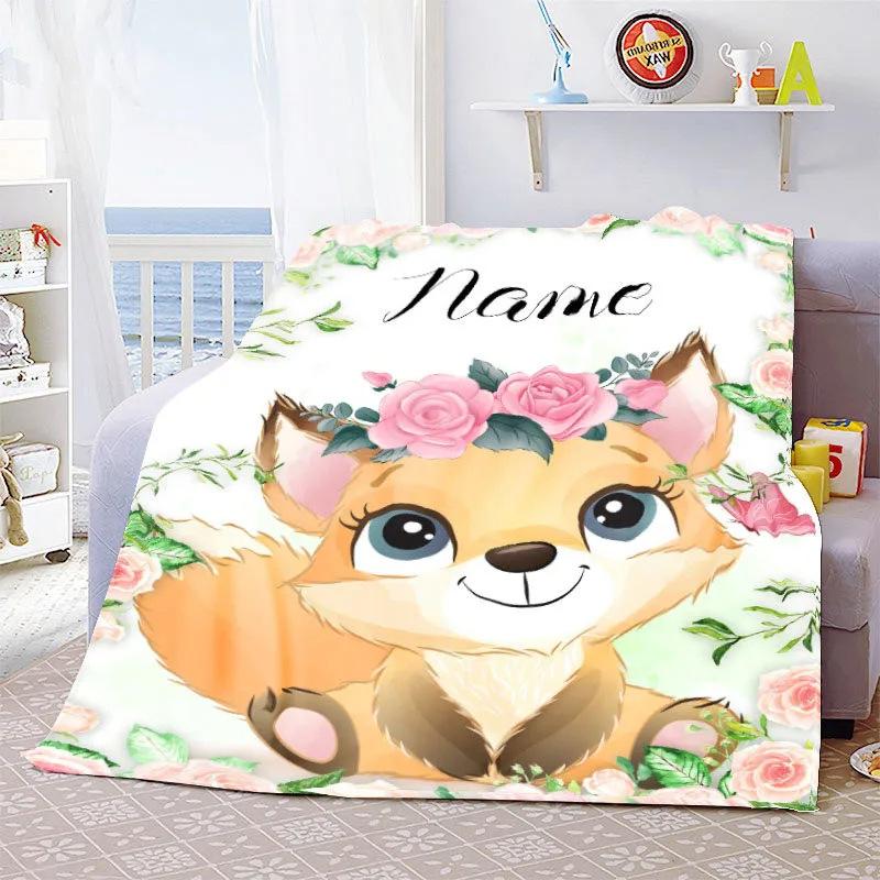 Personalized Name Blanket Cartoon Animal Digital Print Flannel Blanket Fun Gift Blanket