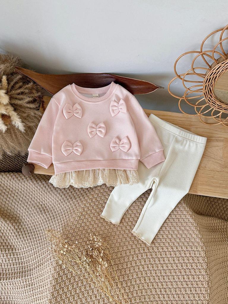Korean Style Spring/Autumn Bow Knitwear Two-Piece Set for Infants and Toddlers - Stylish Children's Wear 2026 Collection