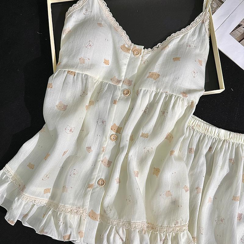Cartoon suspenders lace pajamas ladies lyocell sweet cute wind shorts summer loungewear comfortable suit
