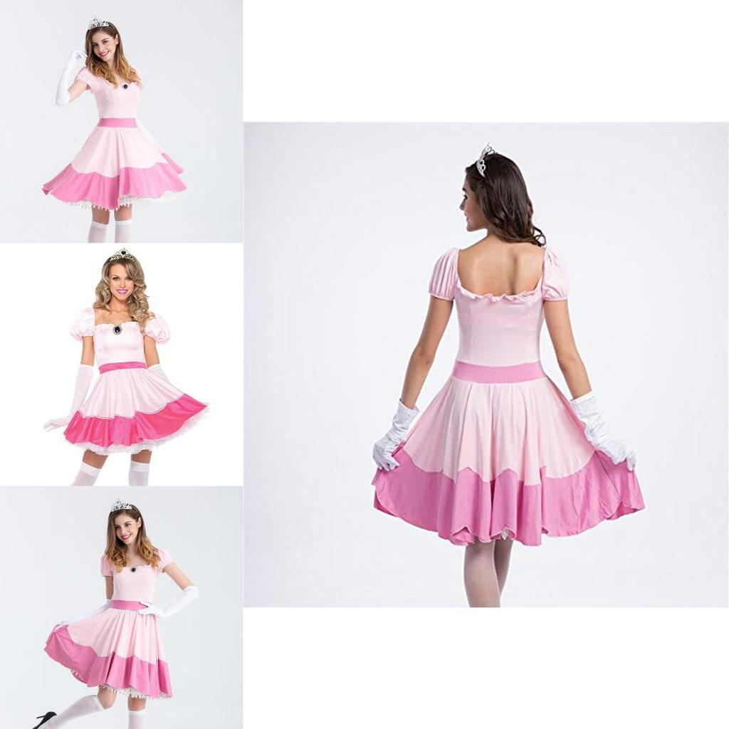 Elegant Super Mario Pink Princess Peach Costume Dress With Crown And Gloves Set